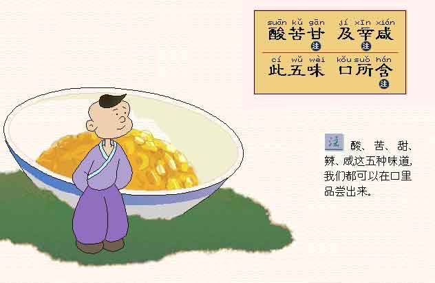 酸甘甘，及辛咸。此五味，口所含。