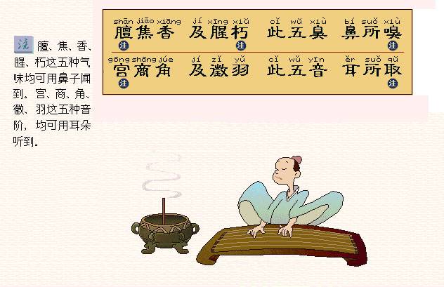膻焦香，及腥朽。此五臭，鼻所嗅。宫商角，及徵羽。此五音，耳所取。
